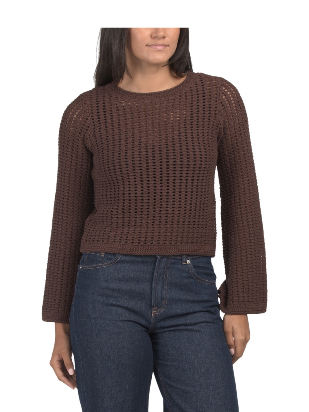 Magaschoni Brown Open-Weave Crewneck Sweater